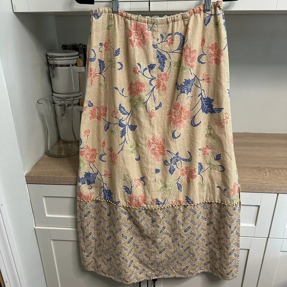 Cottagecore Linen Rayon Maxi Skirt Womens 4P Tan Floral Beaded Beach Vacation